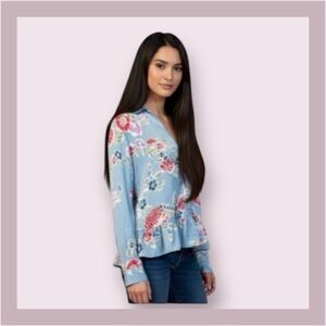 Josie By Josie Natori Silky Powder Blue Floral Peplum Blouse Size XS